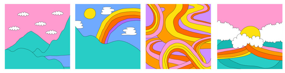 Obraz premium set of 1970 psychedelic square social media templates. Groove landscape posters. Editable layered frame for photo and text. Hippie nature - clouds, rainbow, mountains. y2k background. 90s aesthetic