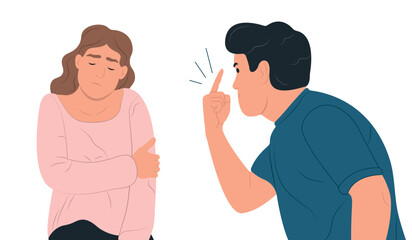 Fototapeta premium Misunderstanding of conflicts between people. A man scolds a woman, a woman is in a tearful state. Flat vector illustration