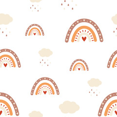 Seamless pattern with boho rainbows with cloud and rains in flat style on light background