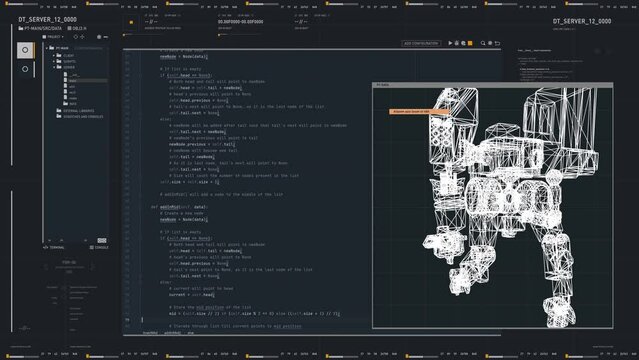 Programming Futuristic Digital Software To Command Armed Robot. Typing Scripts In Video Game Development Software. Commands For Robot Control. Commanding Robot By Developing Computer Software