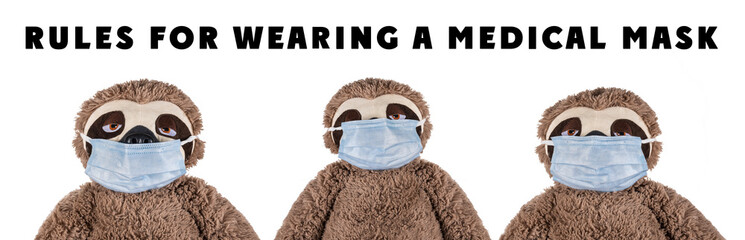 Rules on how to correctly (wrongly) wear a mask on a soft toy. Medical mask on a soft toy sloth....