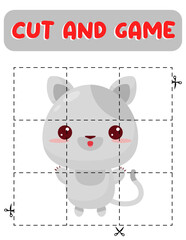 Cut and glue cat. Educational children game, printable worksheet.Puzzles with animals