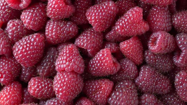 Fresh red raspberry in background, close up, top view, rotate. Many ripe raspberries berries texture. Food and agriculture concept