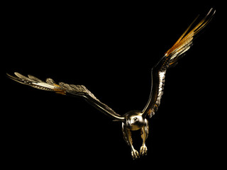 A golden falcon spreading its wings on dark background. Front view. 3D illustration.