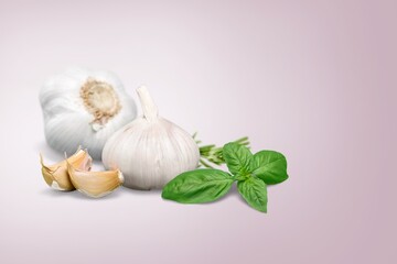 Set of garlic vegetable and basil leaves for cooking