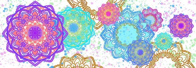 Mandala pattern with ornaments, watercolour splashes. Yoga, celebration, Ramadan template.