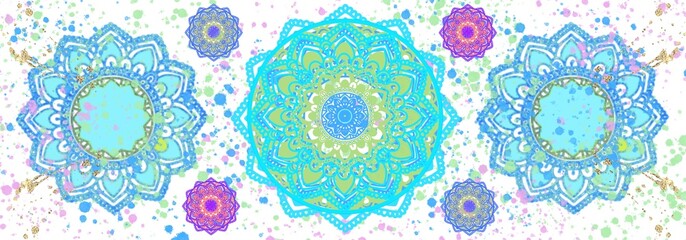 Mandala pattern with watercolour splashes, flower. Celebration, Ramadan, yoga template.