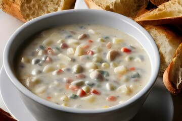 AI-generated view of a Corn chowder in a white bowl
