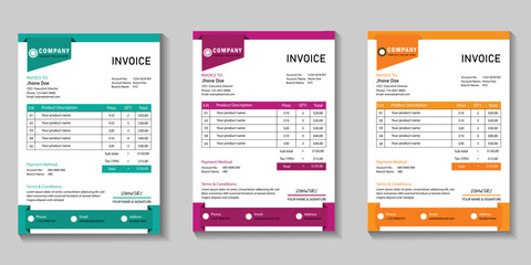 Professional corporate business invoice design template. creative and modern business payment bills or price designs with 3 color bundle. ready print minimal invoice template.