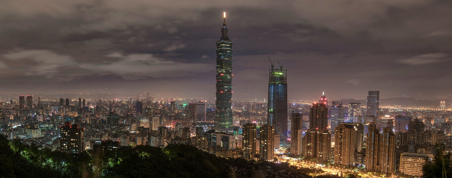 Taipei, Taiwan. Night Panorama. Skyline. Cityscape. Taipei 101 Taipei World Financial Center in Background. © Mindaugas Dulinskas