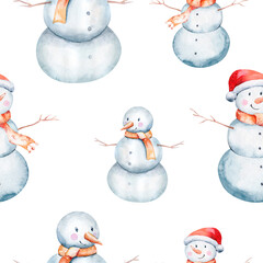 Watercolor Merry Christmas seamless pattern snowman, christmas tree, santa holiday invitation. Christmas gift celebration cards. Winter new year design.