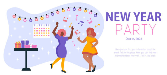 Poster, invitation. New Year party. Vector illustration, flat style. Girls dance, party, holiday. Jewelry and gifts. Christmas and New Year. Corporate style.