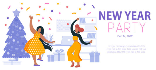 Poster, invitation. New Year party. Vector illustration, flat style. Girls dance, party, holiday. Jewelry and gifts. Christmas and New Year. Corporate style.