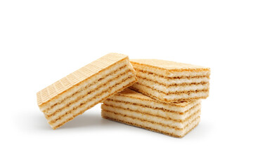 Sugar crunchy waffles with milk layer isolated on white background