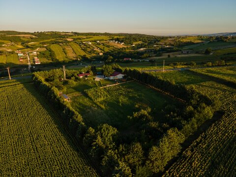 Arial Shot Of A Huge Green Farm With Plowed Land On A Sunny Day