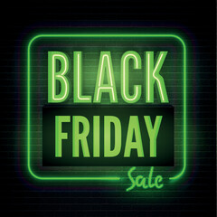 Black friday sale green neon light box with discount offer promo. Year biggest sale vector banner template. Stylish seasonal clearance advert. Price reduction minimal sticker design.