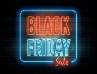Obraz premium Black friday red blue neon light box with annual discount offer promo. Year biggest sale vector banner template. Retro style seasonal clearance advert. Price reduction minimal sticker design.