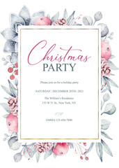 Watercolor new year winter background with plants, branches, berries, eucalyptus and splashes. Christmas pre-made scene with flowers frame. Party invitation