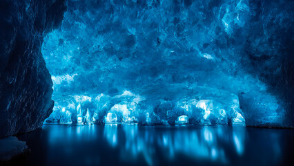 Snow cave. Landscape of night antactis, tunnel and labyrinths in an ice cave. Cold water, night moonlight reflection, blue neon. Snow, ice, cold ice house.