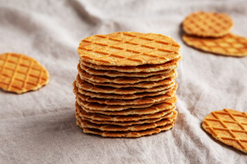 Homemade Waffle Crisps in a stack, low angle view.