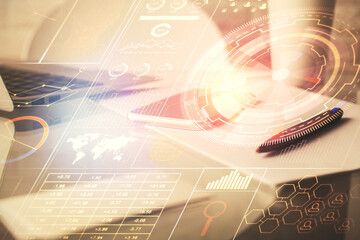 Double exposure of data theme drawing and mobile phone background. Concept of innovation