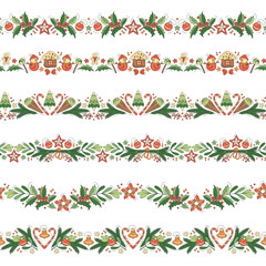 Decorative seamless borders from Christmas tree branches, cookies, candy and balls isolated on a white background. Frame template with the symbols of the holiday.
