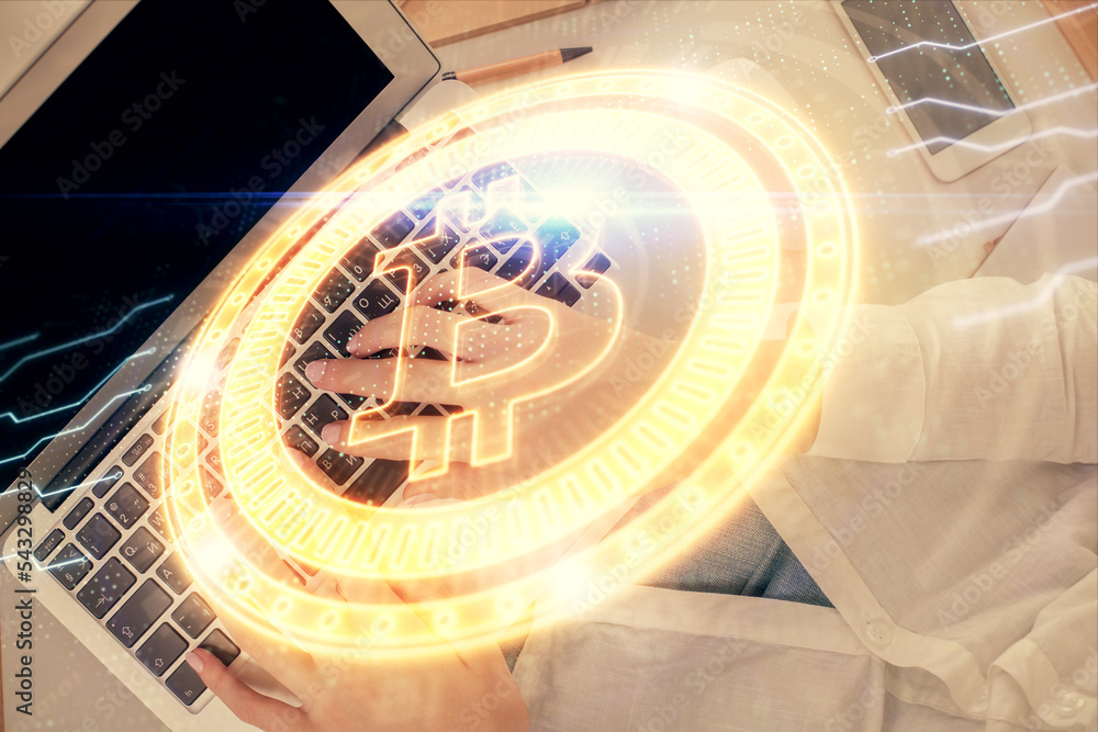 Poster Double exposure of woman hands working on computer and blockchain theme hologram drawing. Top View. bitcoin cryptocurrency concept.