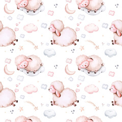 Watercolor pattern for children with sleeping sheep. print for baby fabric, poster pink with beige and blue clouds, moon, sun. Nursery print illustration textile