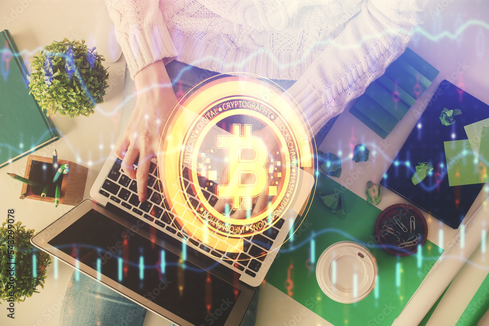 Aufkleber double exposure of woman hands working on computer and blockchain theme hologram drawing. top view. 