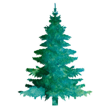 silhouette watercolor christmas tree green design isolated