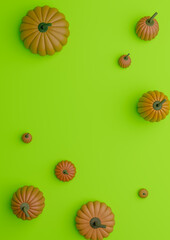 Bright, neon green 3D illustration autumn fall Halloween themed product display podium stand background or wallpaper with pumpkins vertical product photography flat lay top view from above