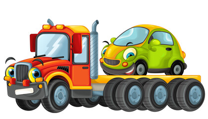 cartoon scene with tow truck driving with load other car isolated illustration for children