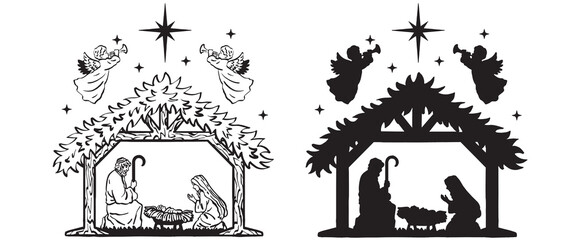 Nativity scene Vector Drawing, Silhouette Baby Jesus, Angels singing, Christmas Holiday artwork - obrazy, fototapety, plakaty