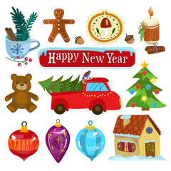 Vector illustration. Set of New Year stickers for design on a white isolated background. Wreath, candle, house, car, Christmas toys, star, bear.
