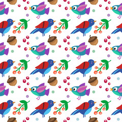 New Year's vector seamless pattern, background. Design for christmas, winter. Birds, berries, branches, acorns