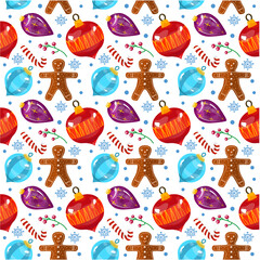 New Year's vector seamless pattern, background. Design for christmas. Lollipop, gingerbread, Christmas balls, snowflakes
