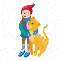 Vector illustration. Girl with a cat. Year of the cat. Happy New Year. Children's illustration. Cute red cat and a girl in a hat. Design for a postcard, poster, congratulations.