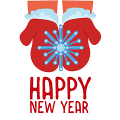 Vector illustration. Design for a New Year's card. Red mittens, snowflake, happy new year