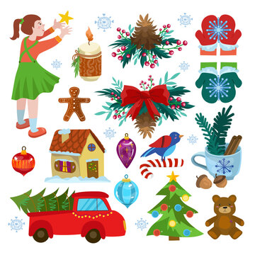 Vector illustration. Set of New Year stickers for design on a white isolated background. Wreath, candle, house, car, Christmas toys, star, bear, truck, spruce, snowflake, mittens, candle, lollipop