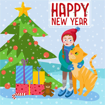 Vector illustration. Girl with a cat near the Christmas tree with gifts. Year of the cat. Happy New Year. Children's illustration. Cute red cat and a girl in a hat. Design for a postcard, poster, cong