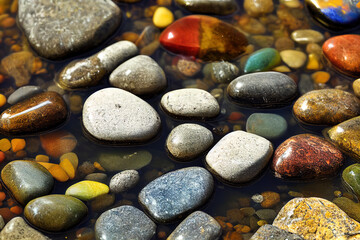 polished pebbles on a stream bed.