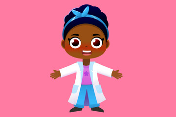 Illustration of a cute little girl dressed as a doctor isolated on a pink background 