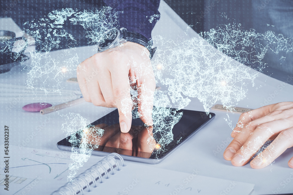 Aufkleber double exposure of man's hands holding and using a phone and social network theme drawing.
