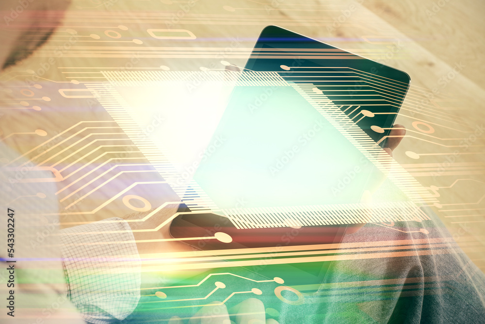 Poster Double exposure of man's hand holding and using a digital device and data theme drawing. Technology concept.