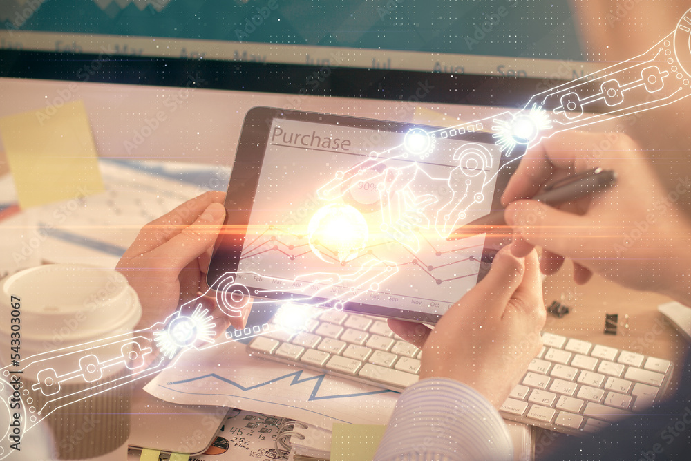 Aufkleber Multi exposure of man's hands holding and using a digital device and data theme drawing. Innovation concept.