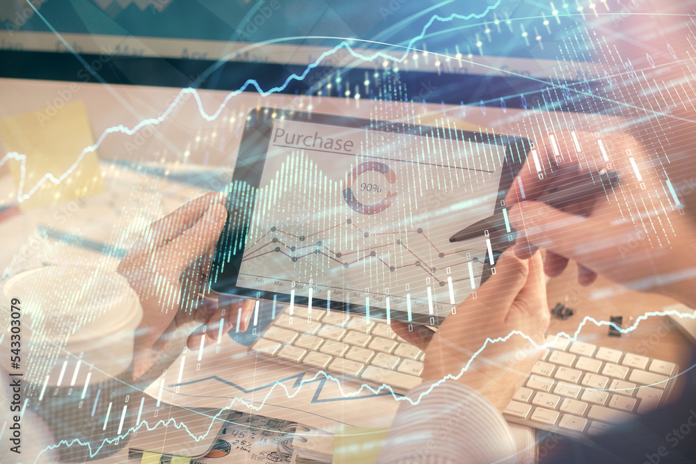 Aufkleber double exposure of man's hands holding and using a phone and financial chart drawing. market analysi