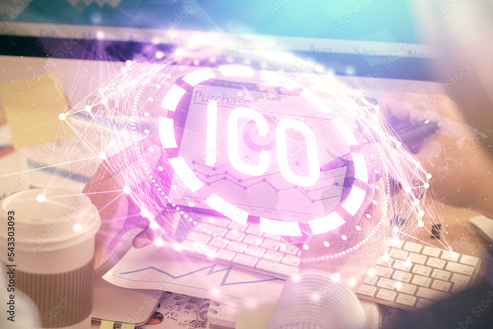 Aufkleber Double exposure of man's hands holding and using a phone and crypto currency blockchain theme drawing.