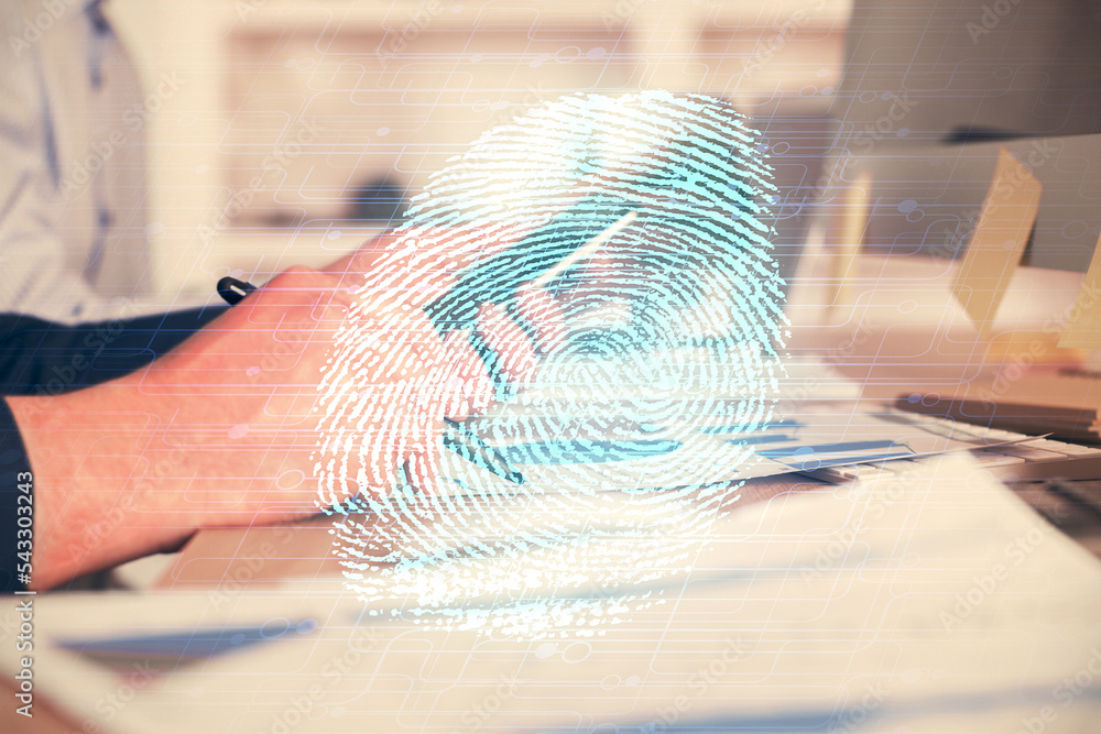 Poster Double exposure of man's hands holding and using a digital device and fingerprint hologram drawing. Security concept.