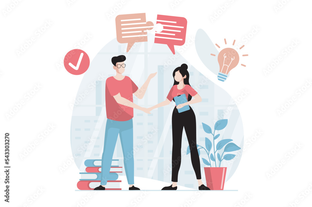 Aufkleber teamwork concept with people scene in flat design. man and woman shake hands and make deal, collabor
