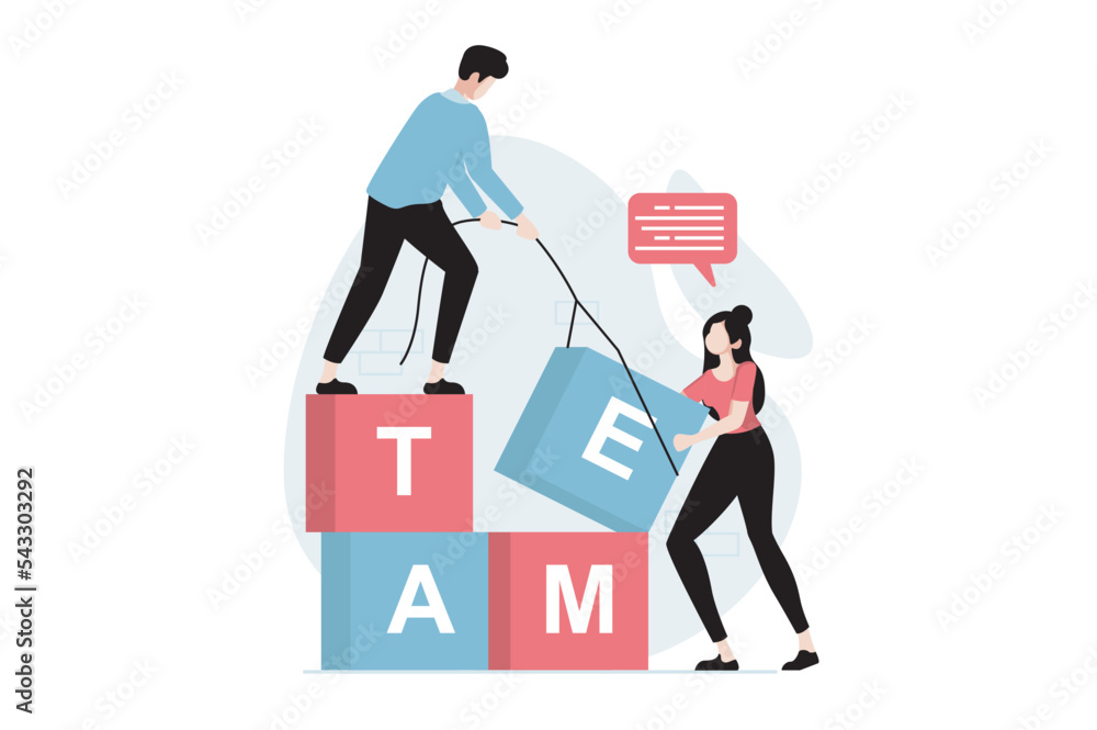 Leinwandbilder teamwork concept with people scene in flat design. man and woman build with blocks, do work tasks, s